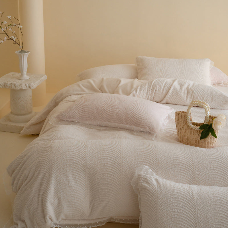Quilted Wave-Texture Comforter Set with Sheer Dotted Ruffle Pillow Shams