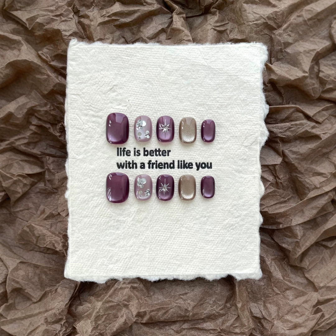 Artistic Press-On Nail Art Set with Decorative Gem Accents