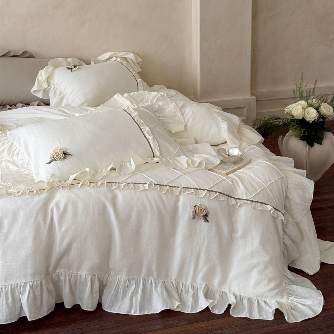 Washed Linen Ruffled Duvet Cover Set with Embroidered Floral Appliqué