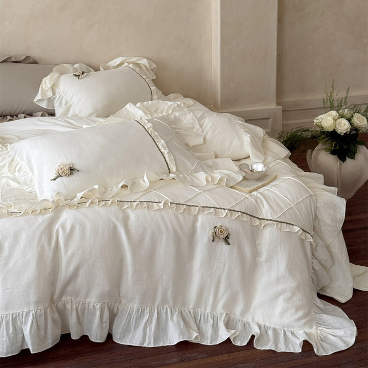 Washed Linen Ruffled Duvet Cover Set with Embroidered Floral Appliqué