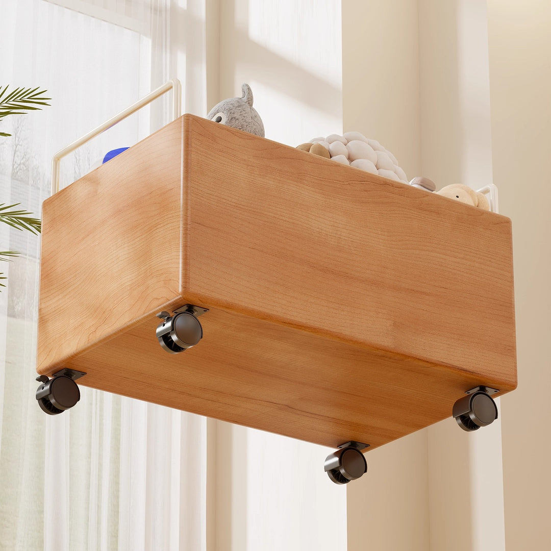 Solid Wood Rolling Toy Storage Box with Metal Handles and Quiet Casters