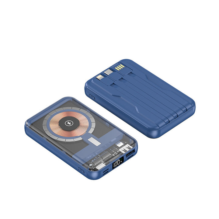 Portable power bank with wireless charging function and integrated cable system Stornfield