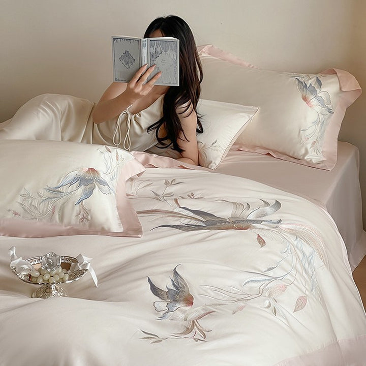 Embroidered Satin-Blend Floral Duvet Cover Set with Reversible Silky Back & Satin Border