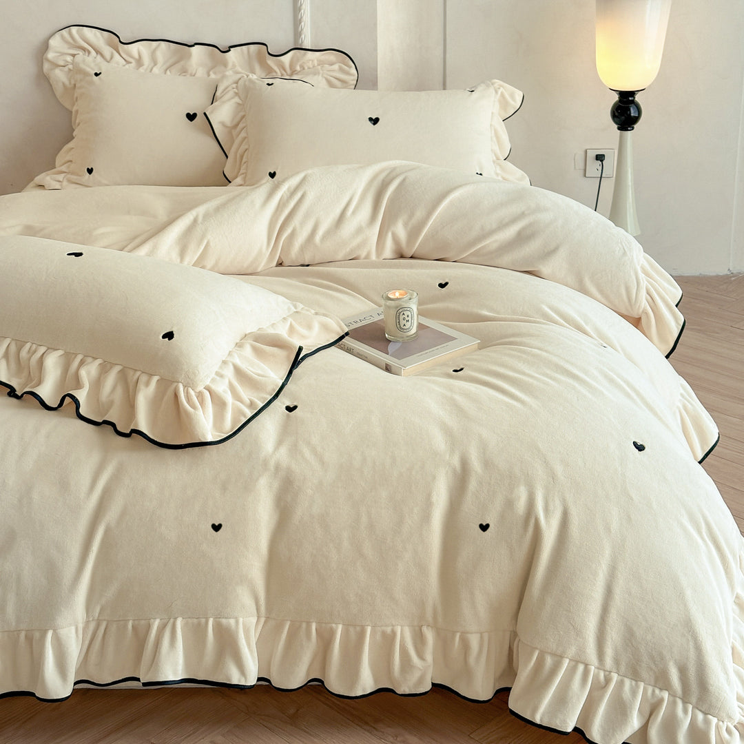 Romantic bedding set with ruffle, velvety soft microfleece surface and embroidered hearts