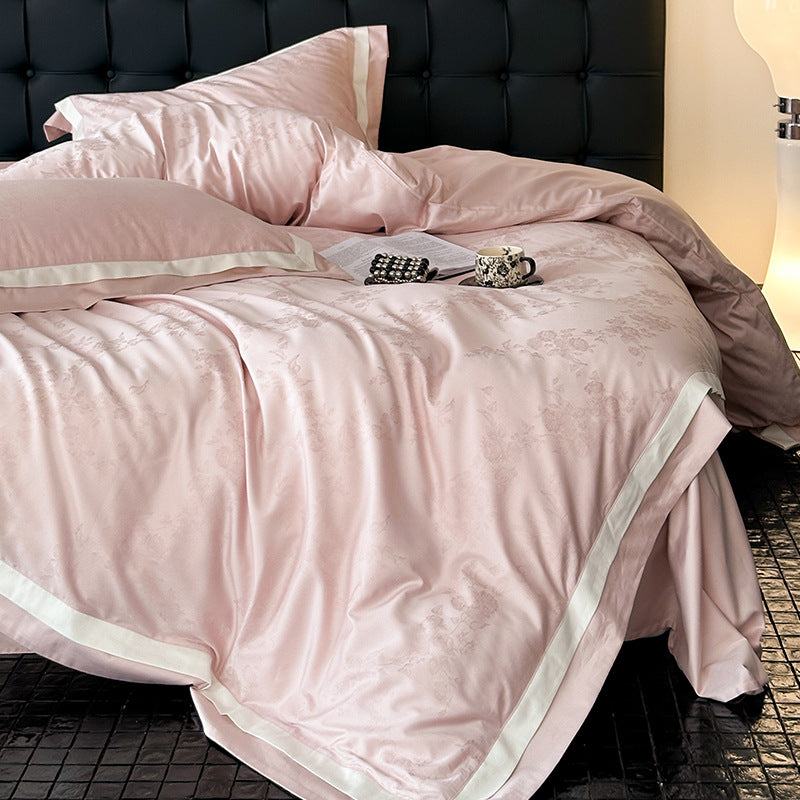 Satin Jacquard Duvet Cover Set with Contrast Border and Floral Motif