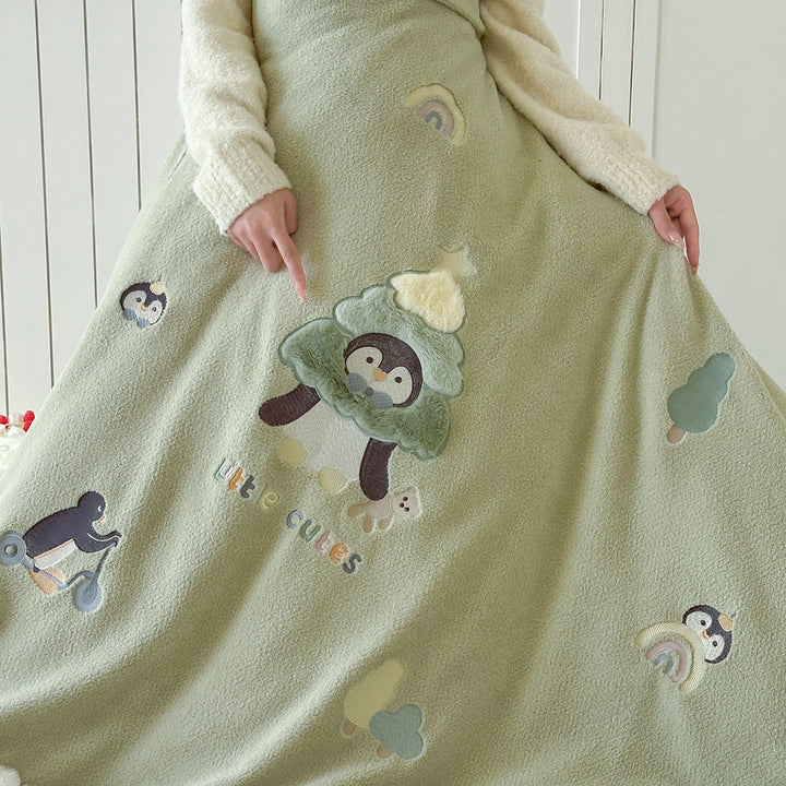Plush Cartoon Appliqué Pom-Pom-Trim Fleece Duvet Cover Bedding Set