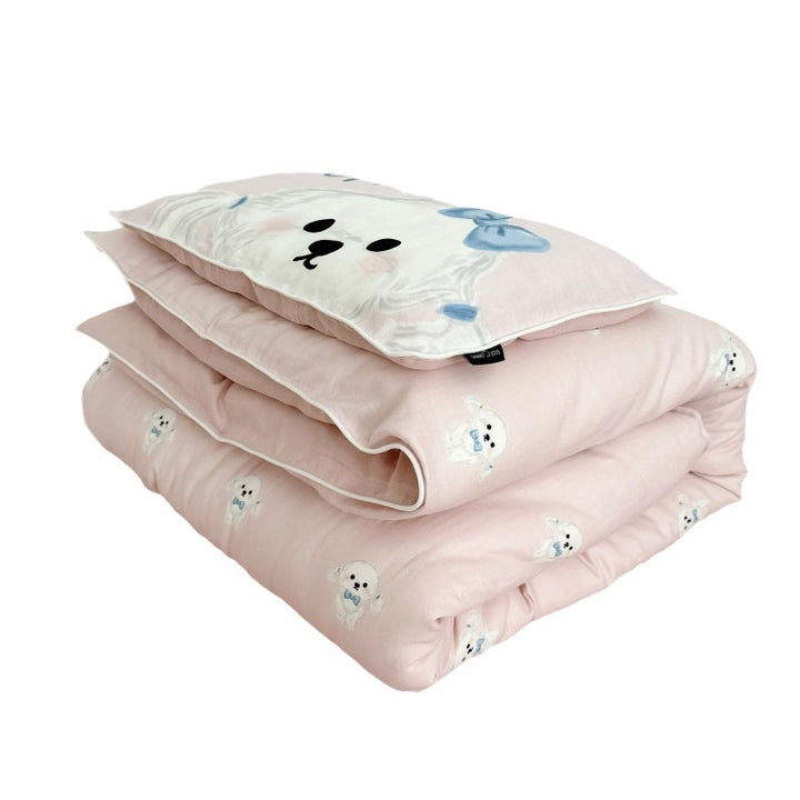 Children's bedding set in futon style with embroidered puppy motifs and cuddle pillow
