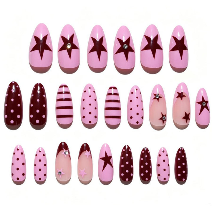 Artificial nail set with asymmetric designs and glitter accents Stornfield