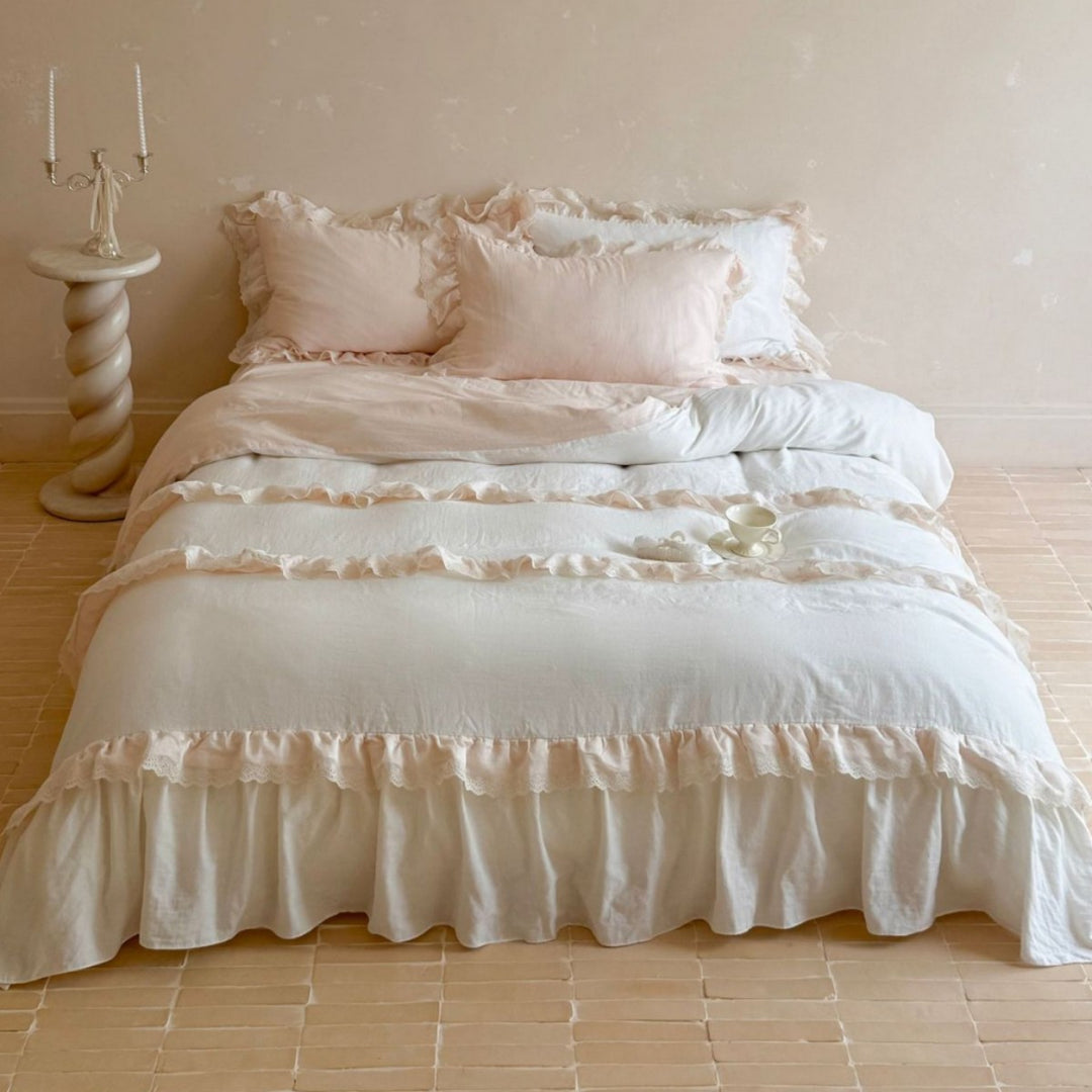 Ruffled Linen-Cotton Duvet Cover Set with Bed Skirt and Pillow Shams