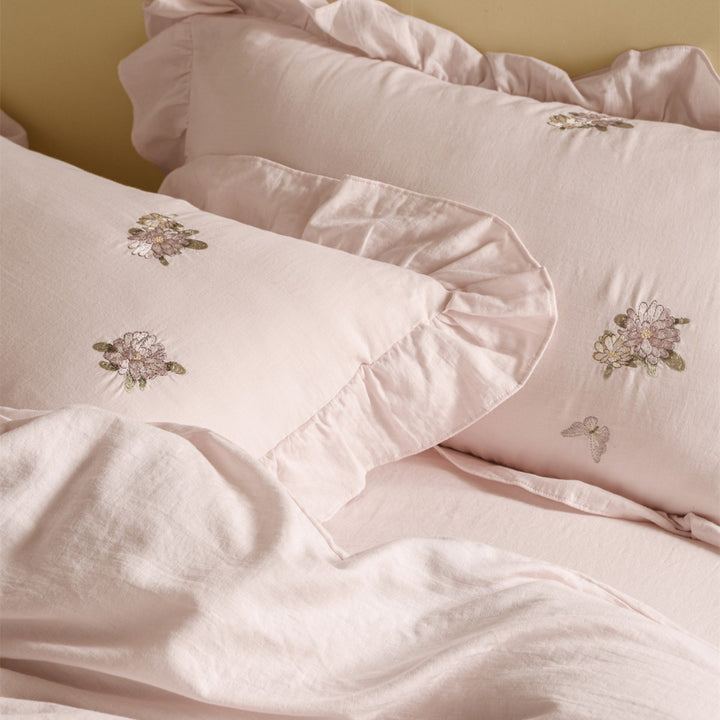 Embroidered Botanical Cotton-Linen Blend Ruffled Pillow Sham Duvet Cover Set