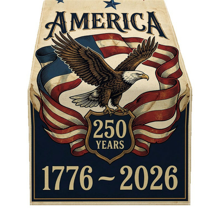 Patriotic Cotton-Linen Table Runner with Statue of Liberty and American Flag Print
