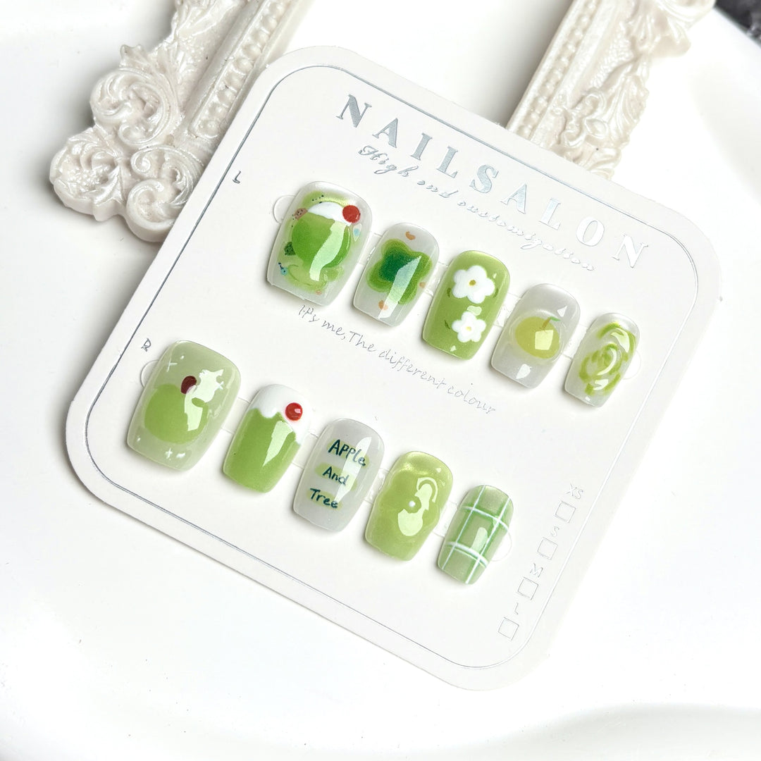 Artistic Press-On Nail Art Set with Apple and Floral Design