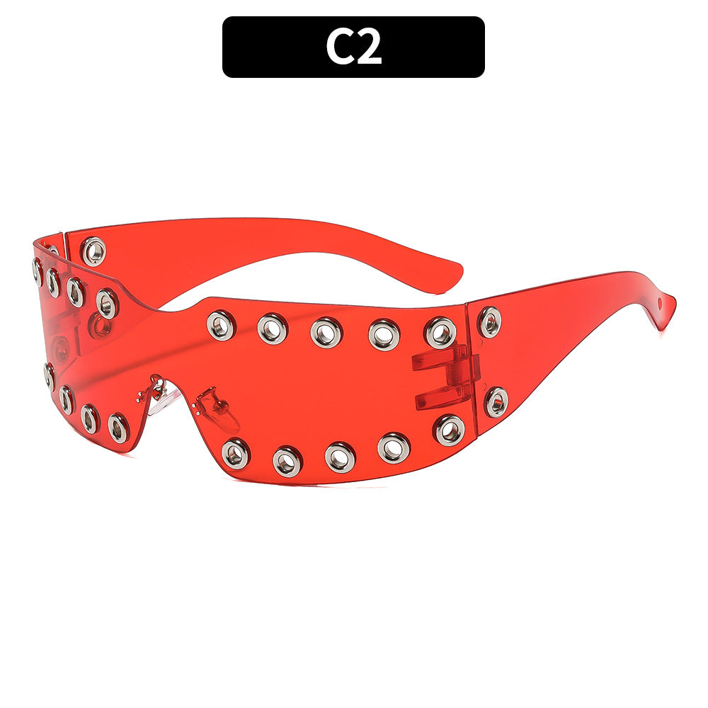 Futuristic Transparent Shield Sunglasses with Decorative Metal Accents