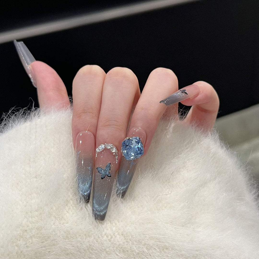 Artistic Ombre Press-On Nail Art Set with Butterfly and Gemstone Accents Stornfield