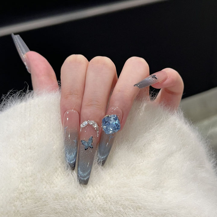 Artistic Ombre Press-On Nail Art Set with Butterfly and Gemstone Accents Stornfield