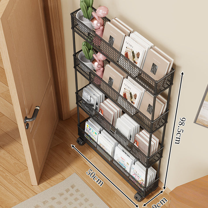 Slim Four-Tier Metal Mesh Narrow Bookshelf Organizer