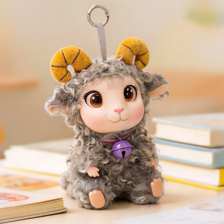 Plush Ram Keychain Charm with Curly Faux-Fur, Sculpted Face, Bell Necklace and Metal Ring Stornfield