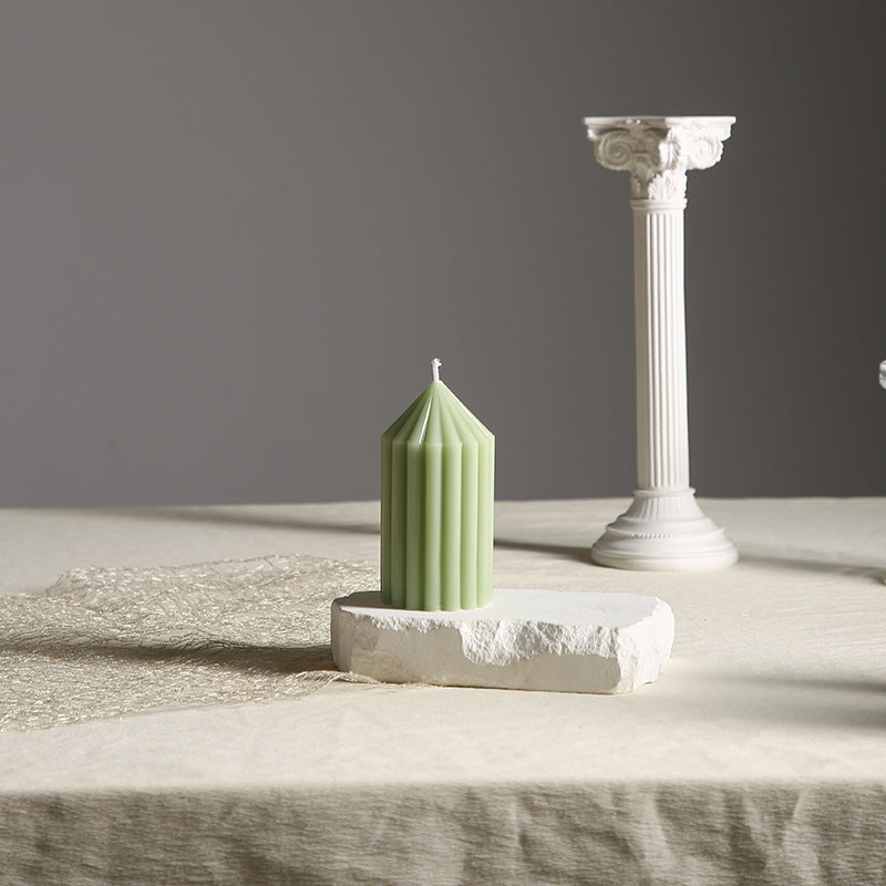 Vertical-Fluted Sculptural Pillar Candle with Pointed Faceted Top
