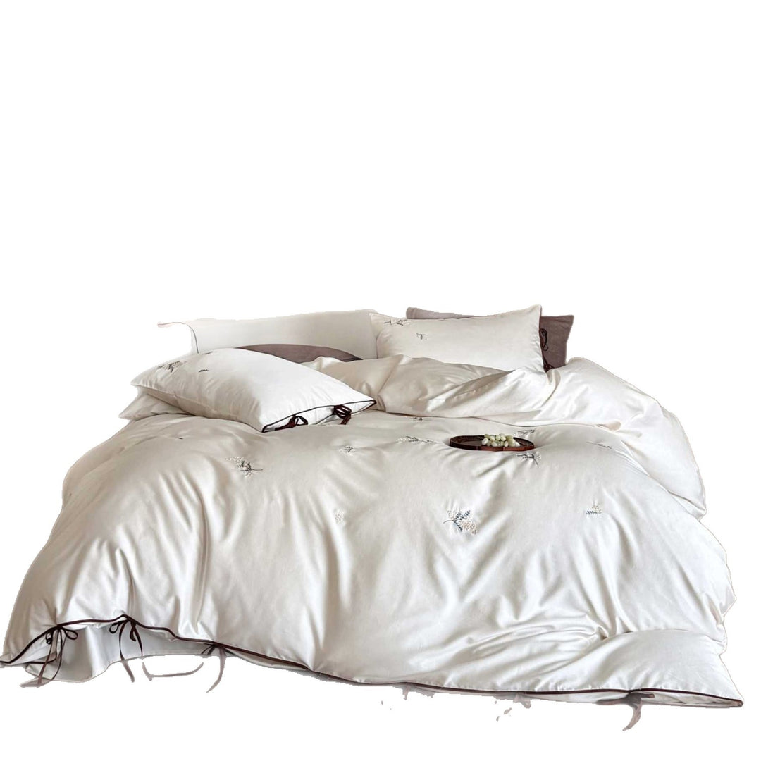 Washed Cotton Embroidered Duvet Cover Set with Tie-Closure Pillow Shams and Contrast Piped Edge