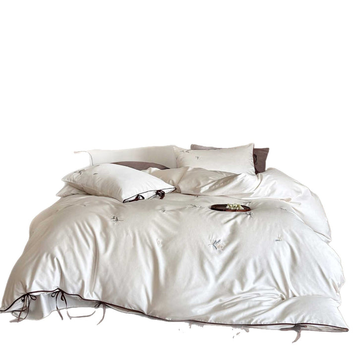 Washed Cotton Embroidered Duvet Cover Set with Tie-Closure Pillow Shams and Contrast Piped Edge