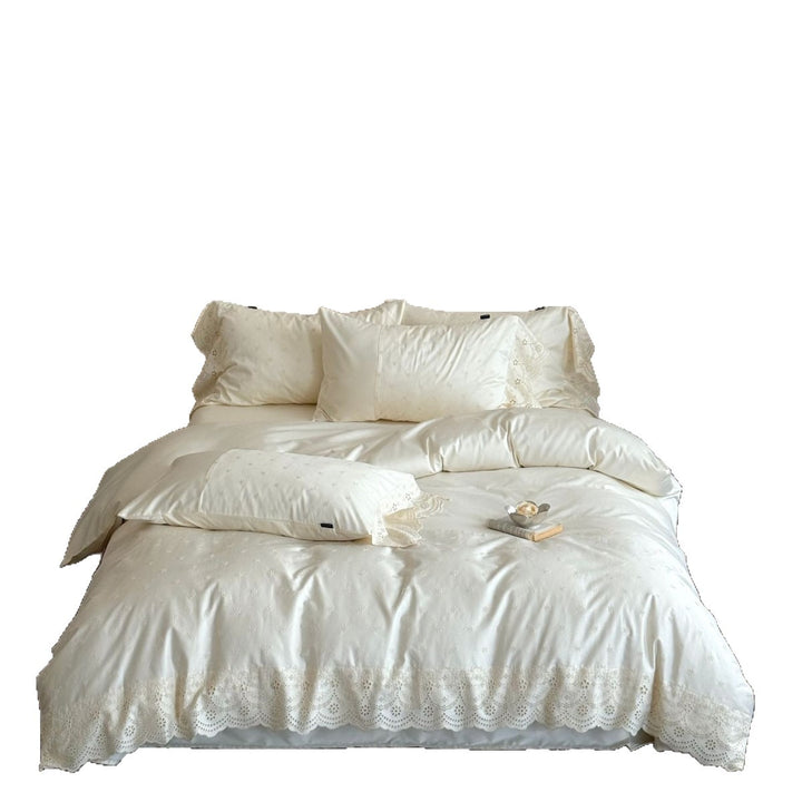 Bedding set with embroidered hole lace made of cotton satin