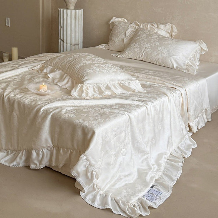 Luxury satin bedding set with floral jacquard pattern, ruffle, and silky finish