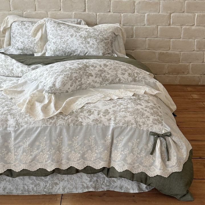 Floral Embroidered Cotton-Linen Duvet Cover Set with Lace Ruffle and Tie Closures