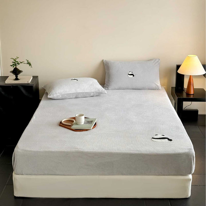Corduroy Textured Fitted Bed Sheet and Pillowcase Set with Embroidered Panda Accents