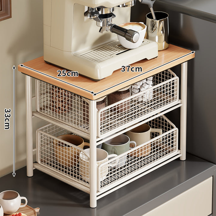 Compact Two-Tier Countertop Coffee Station Organizer with Wooden Top and Slide-Out Wire Mesh Baskets