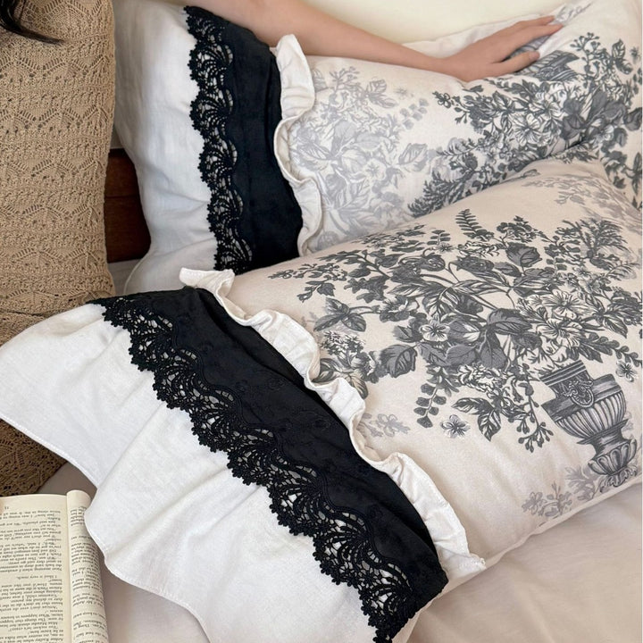 Ruffled Toile Floral Duvet Cover Set with Lace-Trimmed Bed Skirt & Decorative Shams