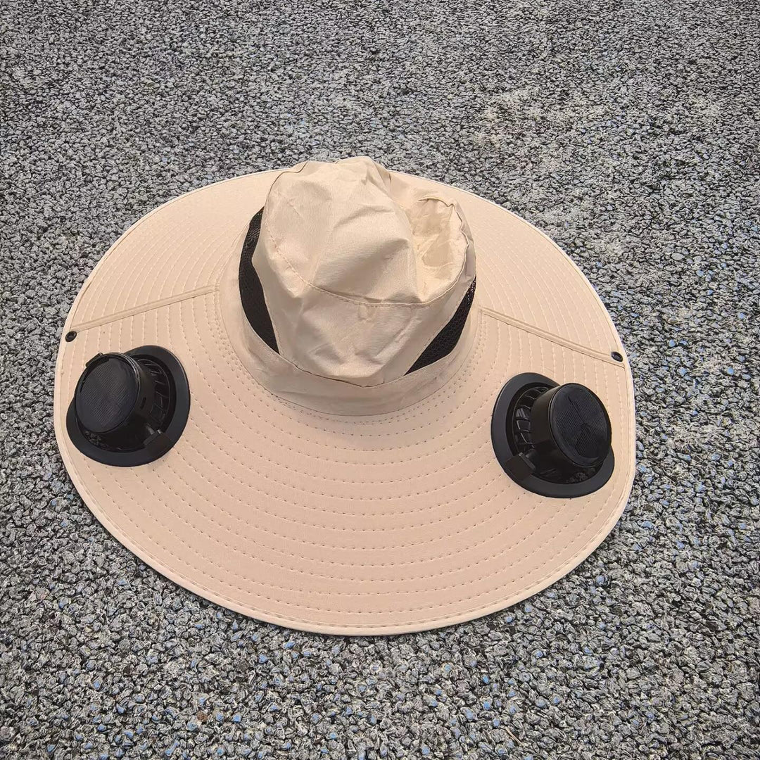 Ventilated sun hat with integrated solar fans and wide brim Stornfield