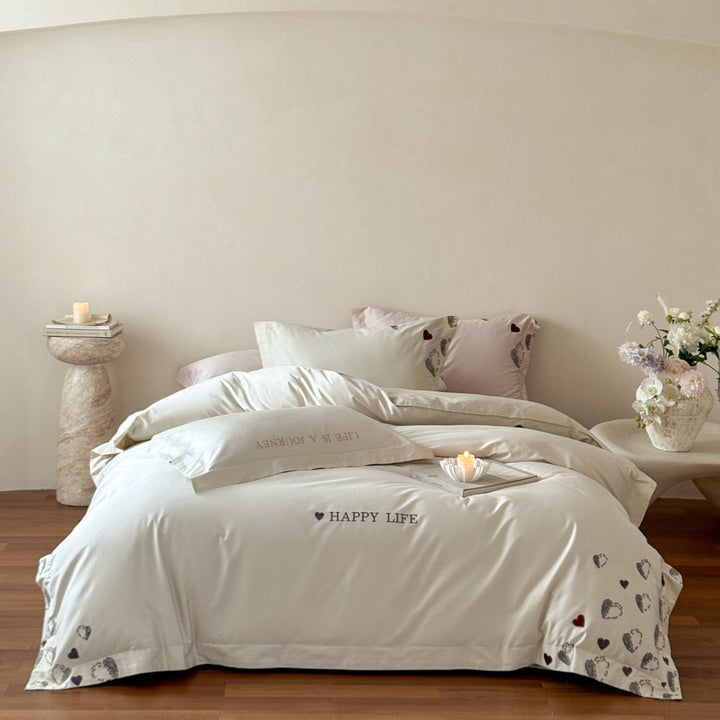 Cotton-Sateen Duvet Cover Bedding Set with Embroidered Happy Life Script and Scattered Heart Motif