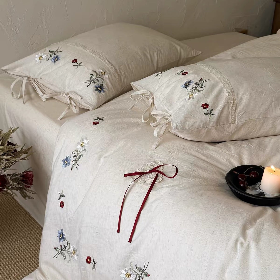 Embroidered Washed-Linen Duvet Cover Set with Lace-Edge and Ribbon-Tie Pillow Shams