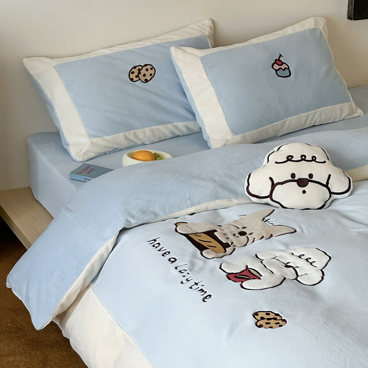 Cartoon-Embroidered Cotton Duvet Cover Bedding Set with Plush Patch
