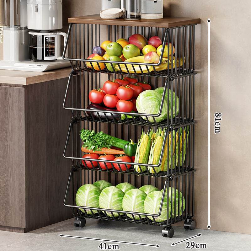 Vertical Five-Tier Rolling Kitchen Produce Storage Cart with Wooden Top and Pull-Out Wire Baskets