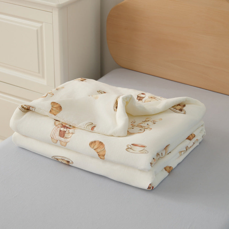 Double-layer muslin baby blanket with cute strawberry and bear motif