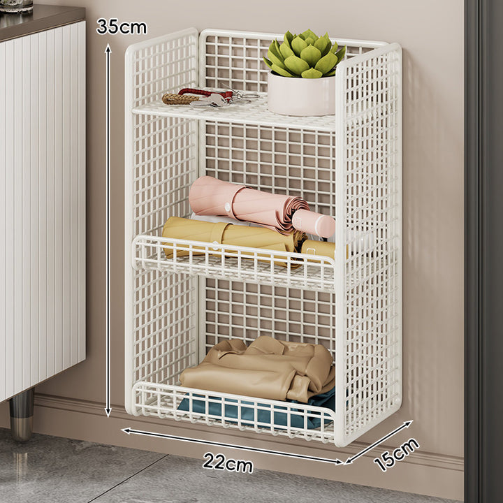 Wall-Mounted Mesh Entryway Organizer with Three-Tier Shelves and Side Umbrella Rack