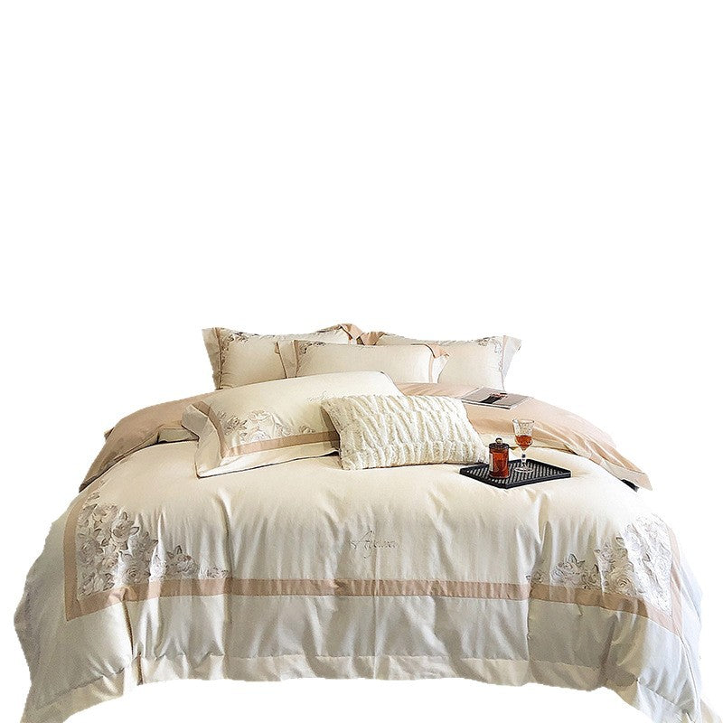Hotel-style bedding set made of cotton satin with embroidered rose relief and fine border