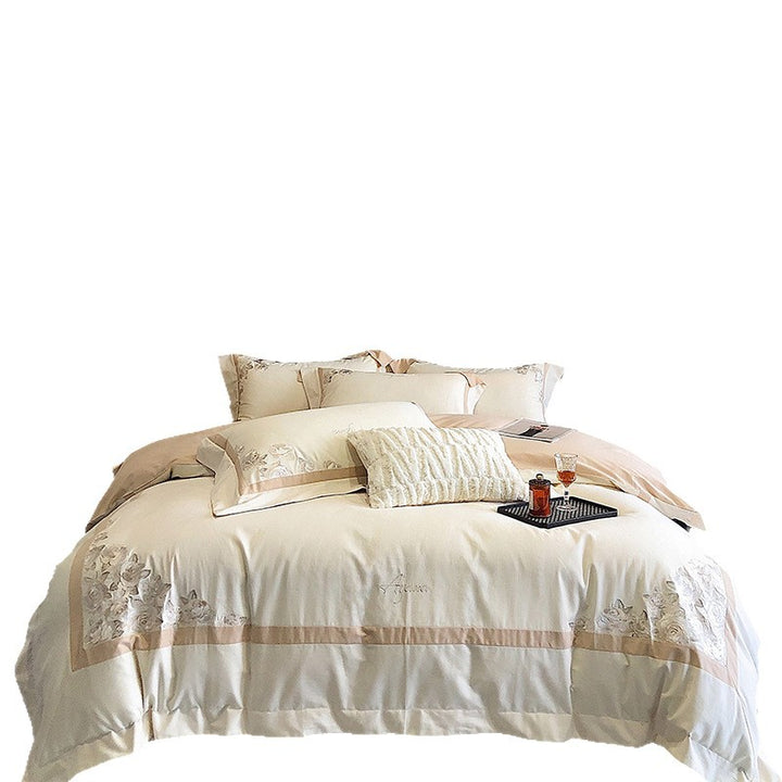 Hotel-style bedding set made of cotton satin with embroidered rose relief and fine border