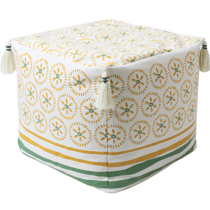 Square pouf seat cube made of cotton blend fabric with boho embroidery and tassels