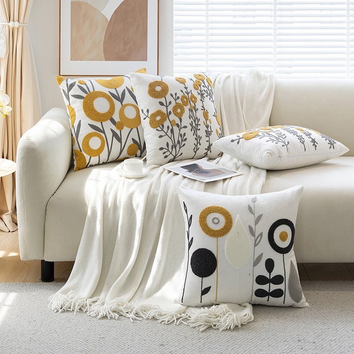 Tufted Floral Embroidered Cotton Throw Pillow Cover with Hidden Zipper