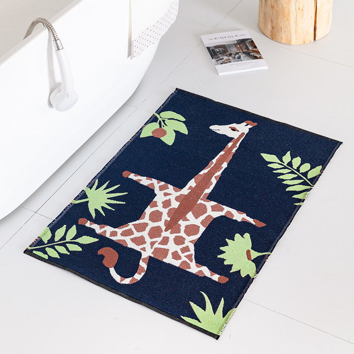 Flat-woven runner with stylized lion motif and non-slip backing