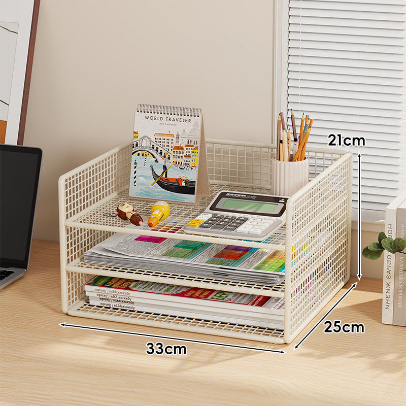 Ventilated Mesh Three-Tier Desktop Document and Magazine Organizer Rack
