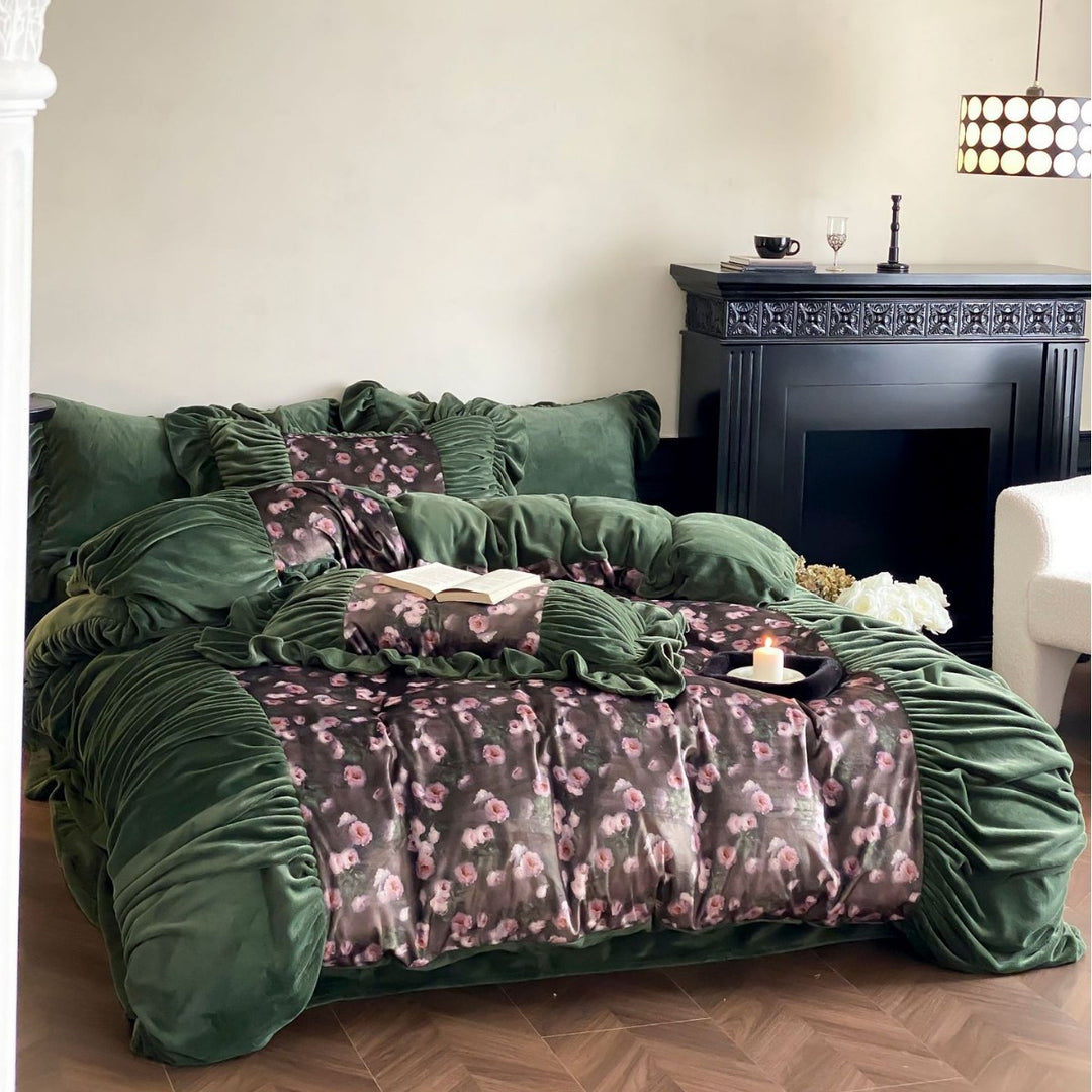 Floral Plush Velvet Panel Duvet Cover Set with Ruched Ruffle Trim