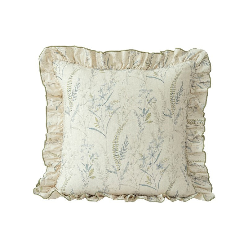 Decorative cushion with ruffles and botanical linen pattern Stornfield
