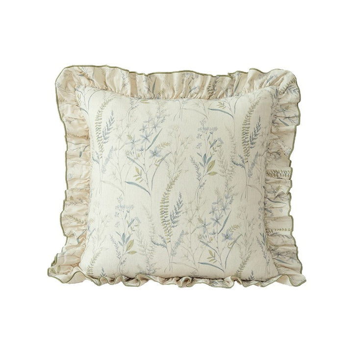 Decorative cushion with ruffles and botanical linen pattern Stornfield