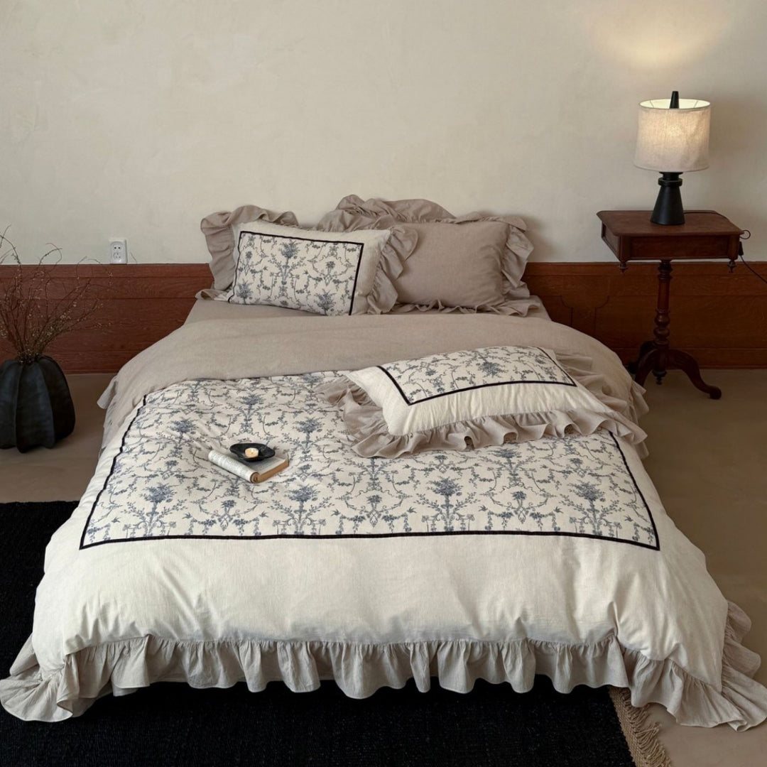 Ruffled Linen-Cotton Duvet Cover Set with Embroidered Toile Panel and Pillow Shams