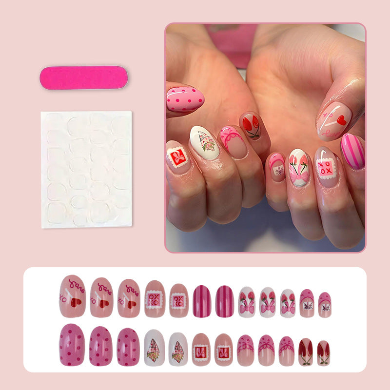 Artificial nail set with romantic floral and heartfelt designs Stornfield