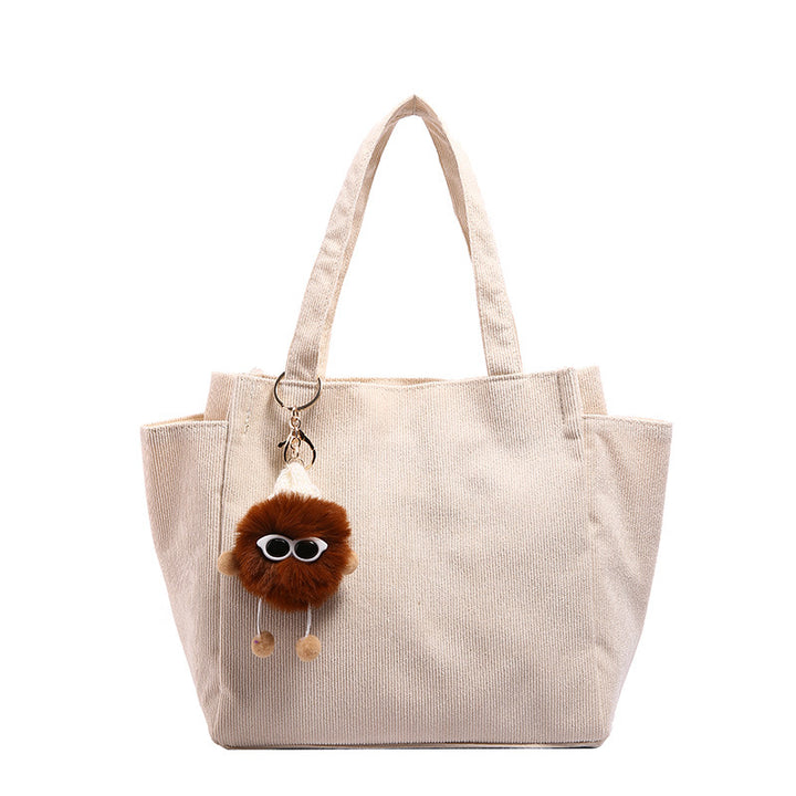Textured Corduroy Tote Bag with Cute Plush Charm