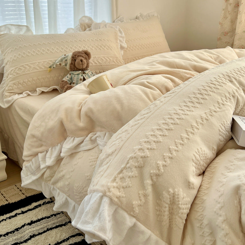 Plush Embossed Velvet-Feel Ruffled Duvet Cover Set with Frilled Pillow Shams